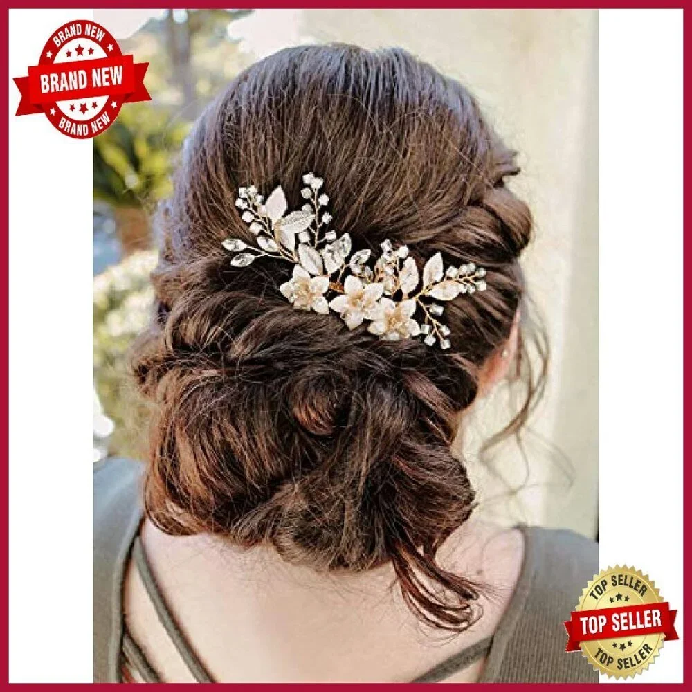 Handmade Wedding Hair Comb Set with Crystal Flowers and Gold Leaves